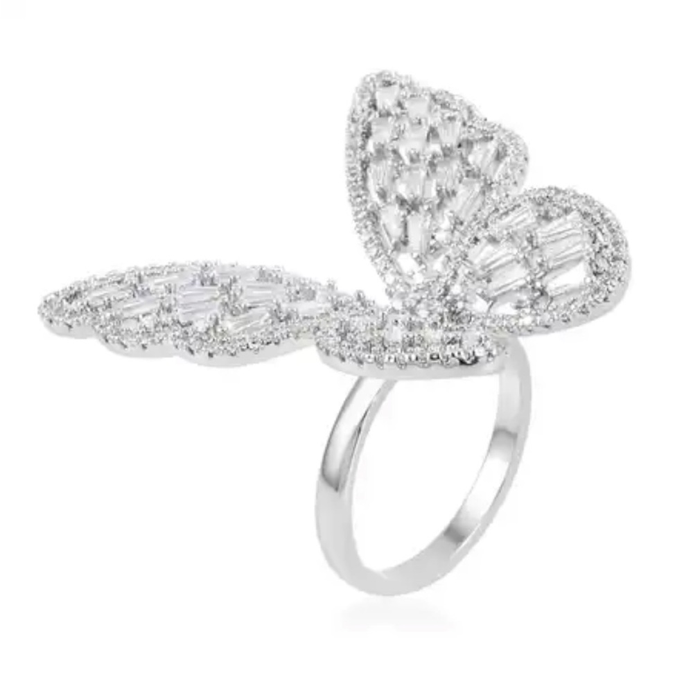 Simulated Diamond Butterfly Ring in Silvertone (Size 6.0) - Picture 3 of 8
